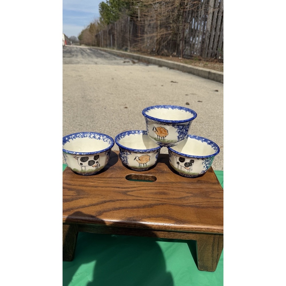 Set of 4 Blue Spongeware Farm Animal Bowls Rustic Pottery Cups